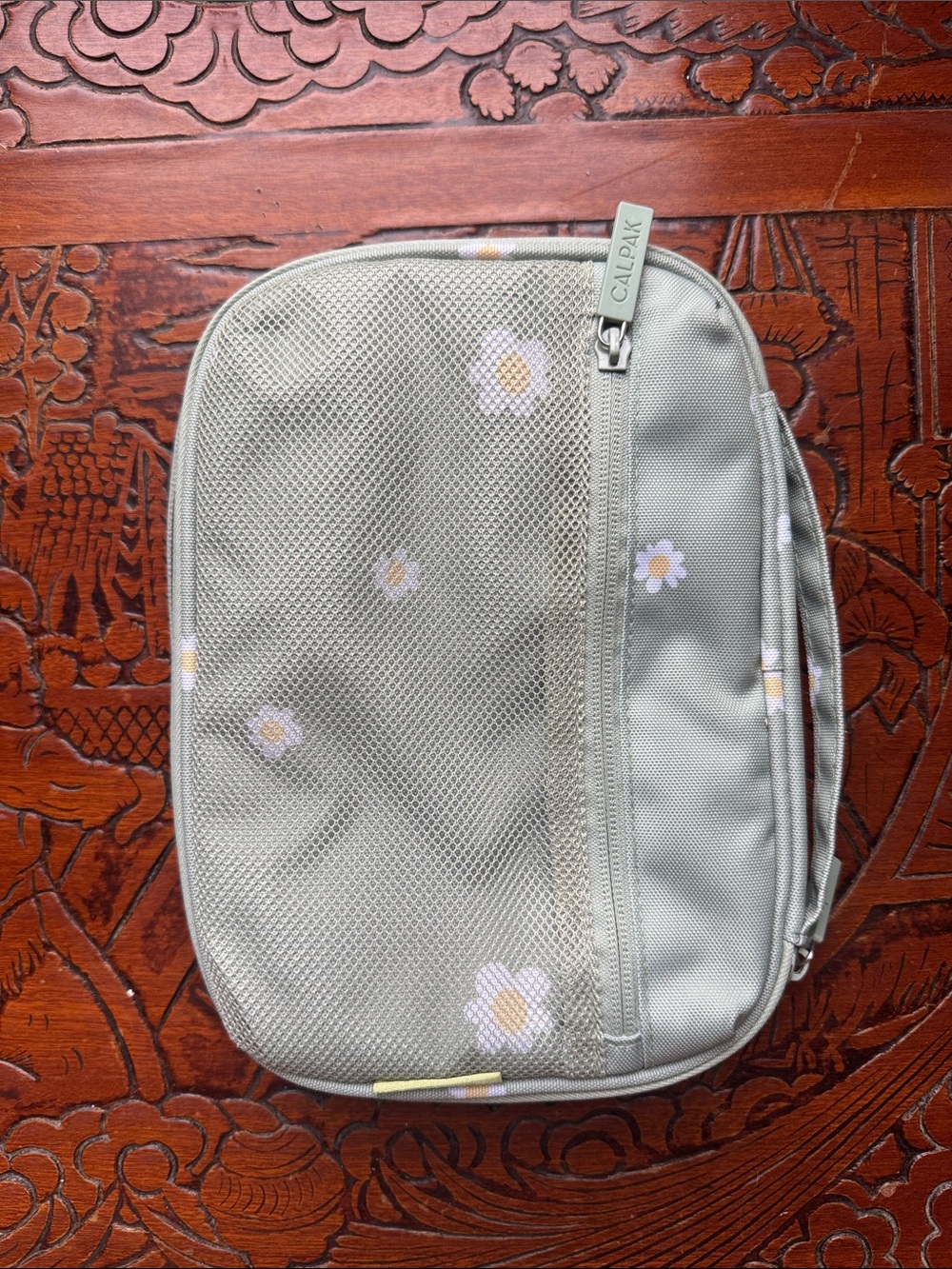 Daisy Print Olive Green Travel Cosmetic Bag - Picture 3 of 3